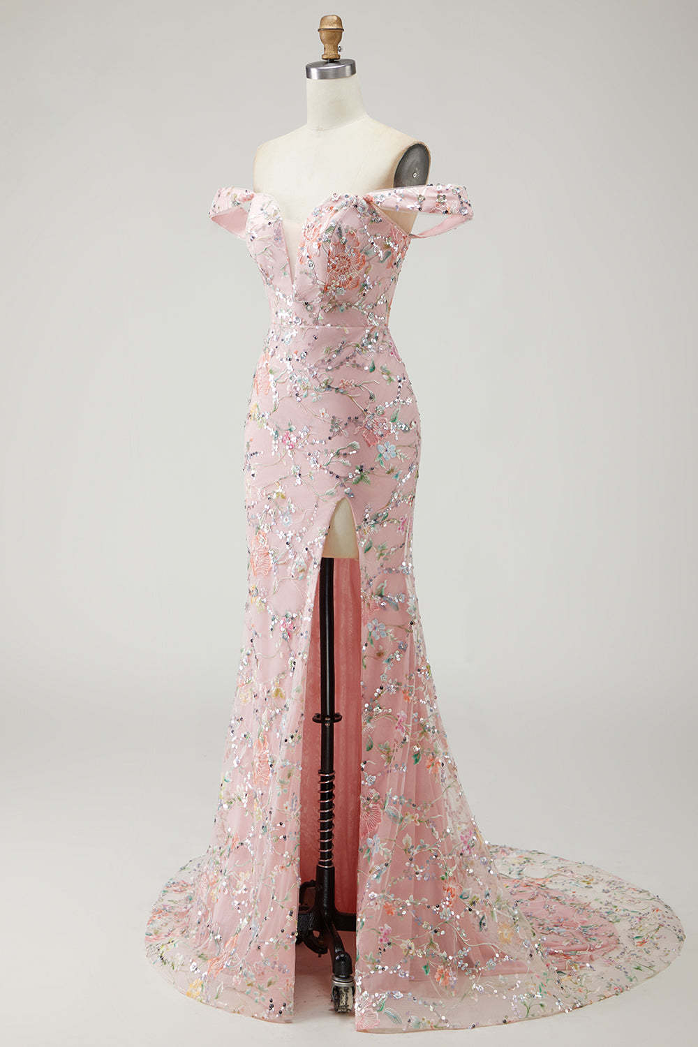 Blush Floral Long Mermaid Prom Dress with Embroidery