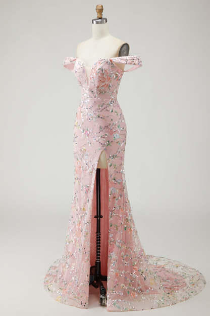 Blush Floral Long Mermaid Prom Dress with Embroidery