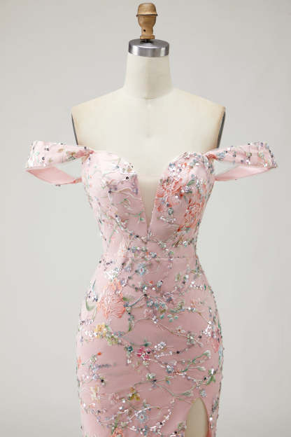 Blush Floral Long Mermaid Prom Dress with Embroidery