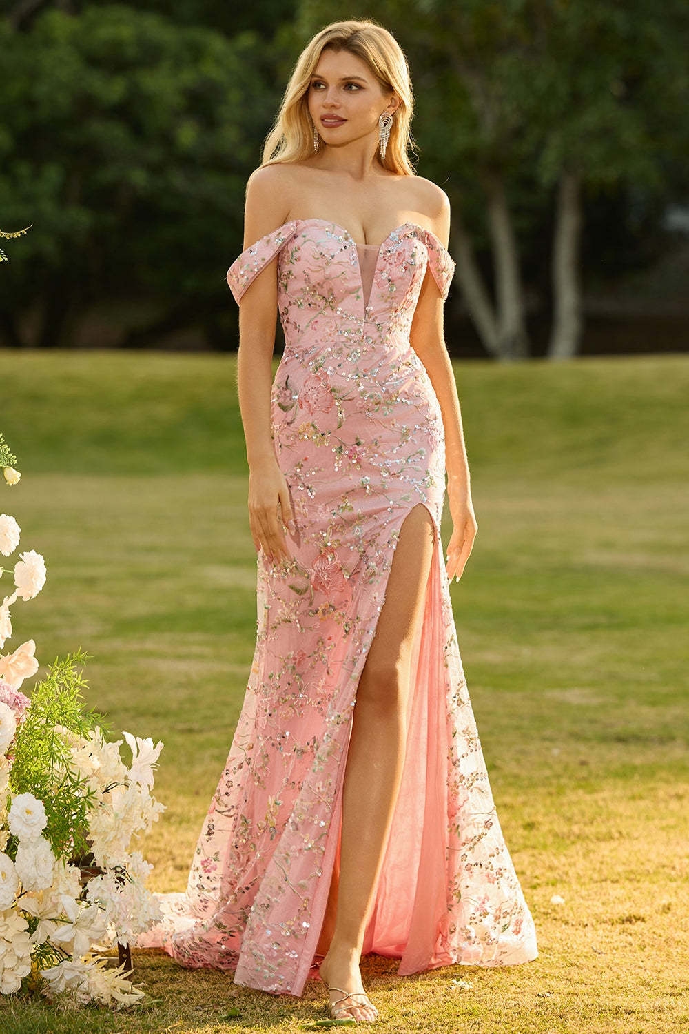 Sparkly Pink Floral Sequin Off the Shoudler Maxi Mermaid Prom Dress