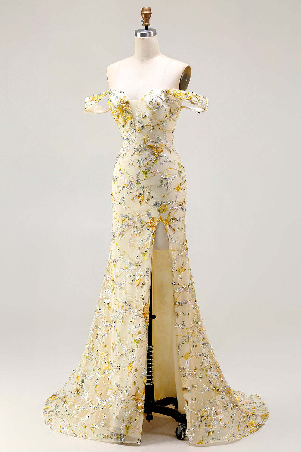Floral Yellow Long Mermaid Prom Dress with Embroidery