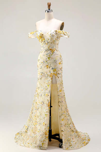 Floral Yellow Long Mermaid Prom Dress with Embroidery