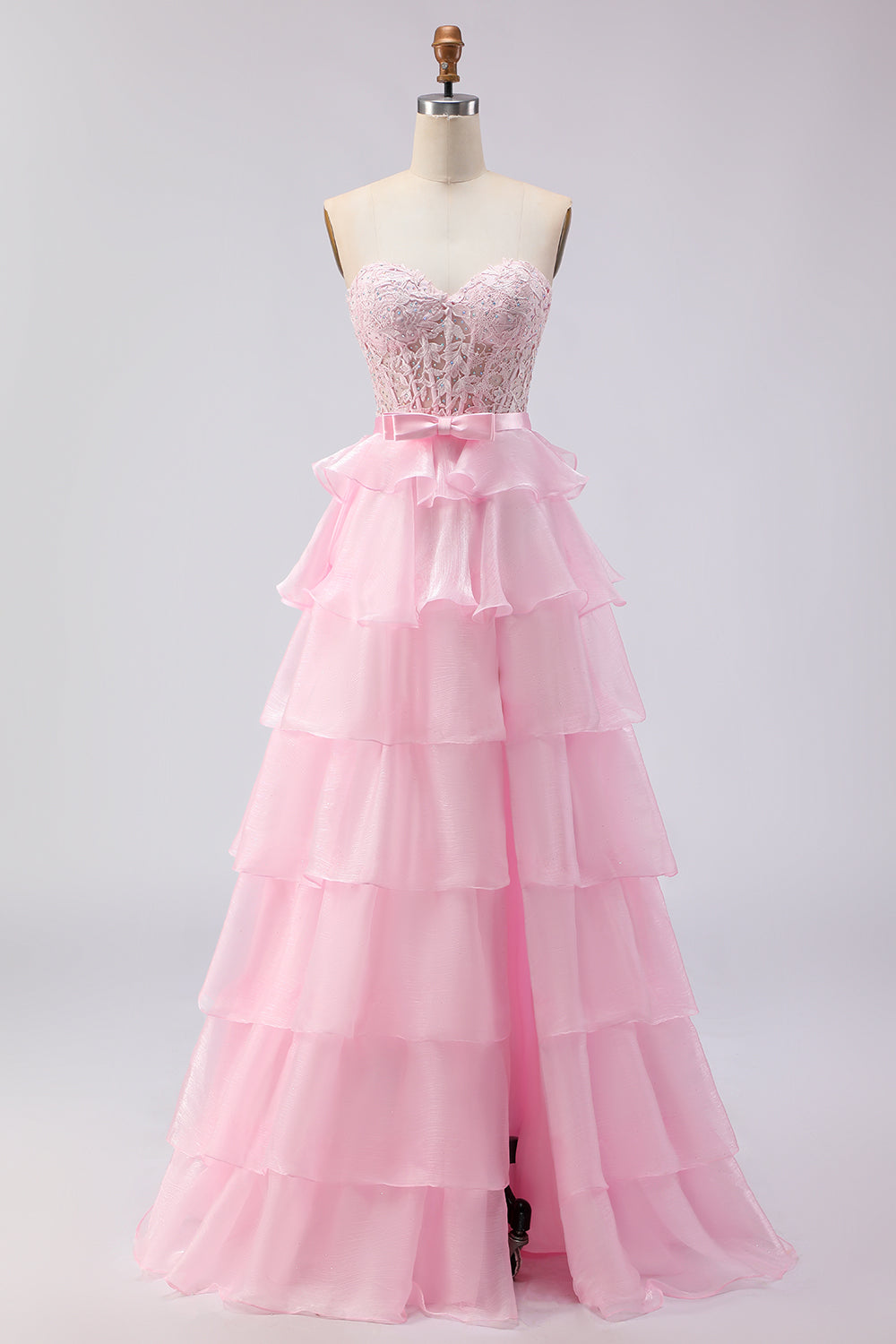 Pink Tiered Sweetheart Princess Ruffled Maxi Corset Prom Dress with Slit