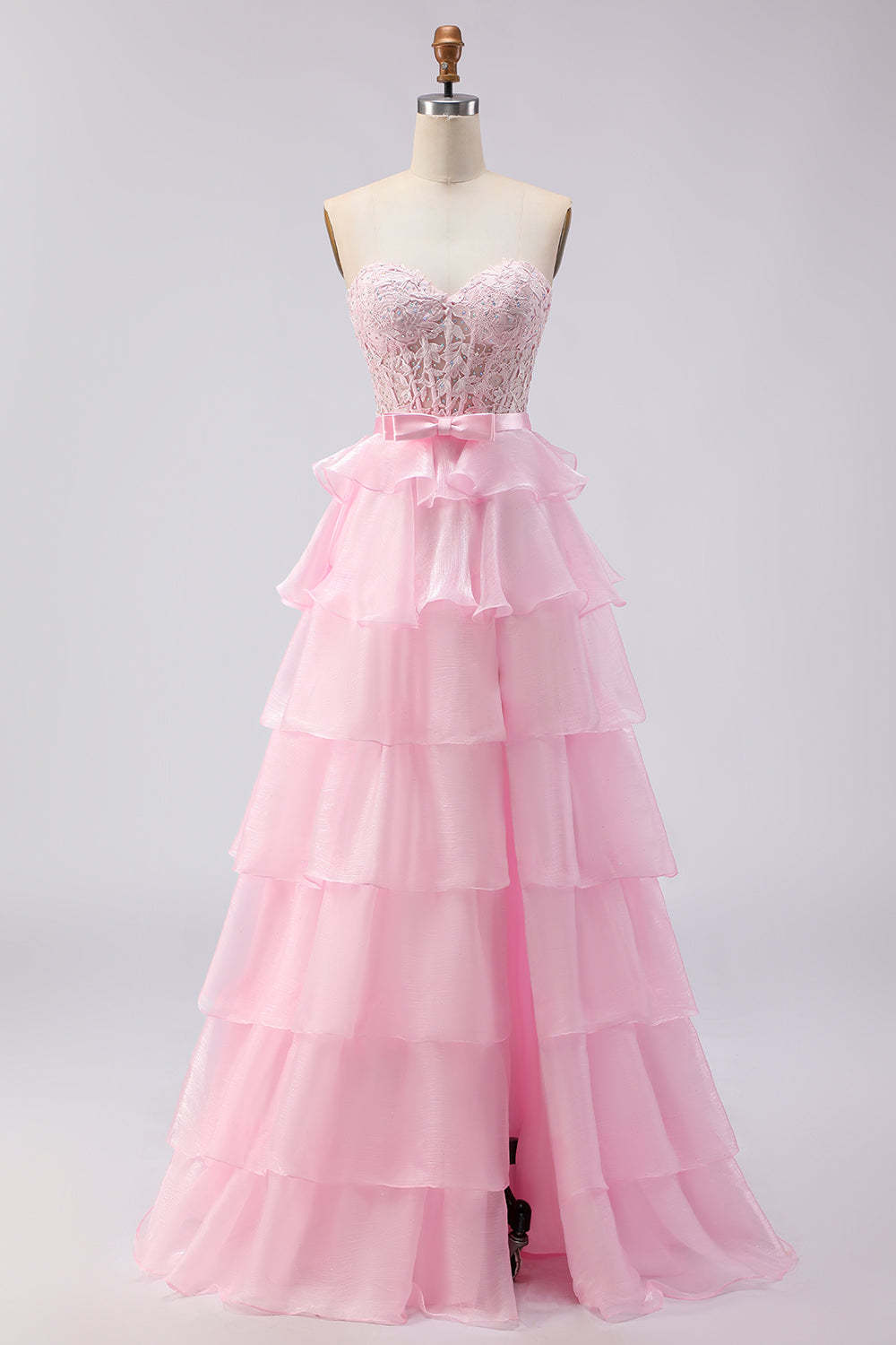 Pink Tiered Sweetheart Princess Ruffled Maxi Corset Prom Dress with Slit