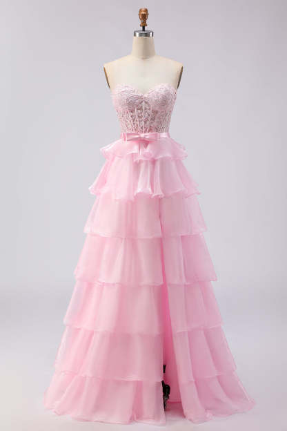 Pink Tiered Sweetheart Princess Ruffled Maxi Corset Prom Dress with Slit