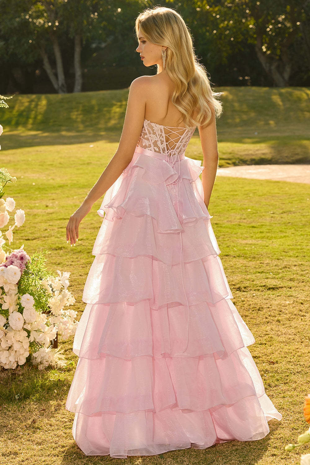 Pink Tiered Sweetheart Princess Ruffled Maxi Corset Prom Dress with Slit