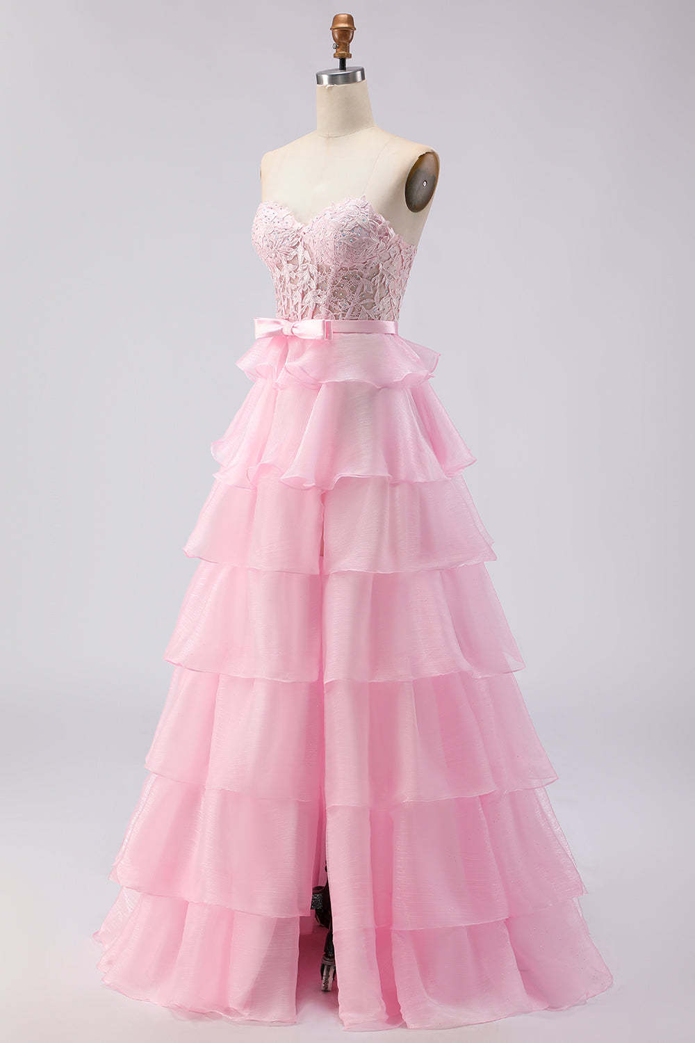 Pink Sweetheart A Line Ruffled Long Corset Tiered Prom Dress with Slit