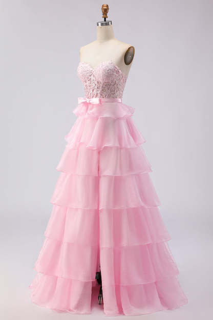Pink Sweetheart A Line Ruffled Long Corset Tiered Prom Dress with Slit