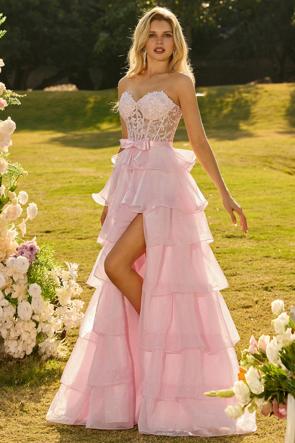 Pink Tiered Sweetheart Princess Ruffled Maxi Corset Prom Dress with Slit