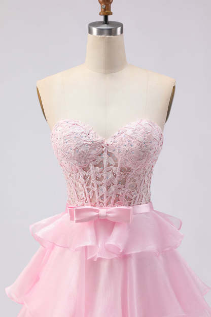 Pink Sweetheart A Line Ruffled Long Corset Tiered Prom Dress with Slit
