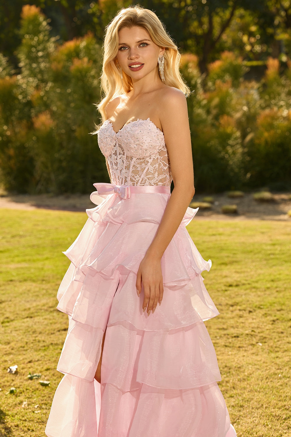 Pink Tiered Sweetheart Princess Ruffled Maxi Corset Prom Dress with Slit