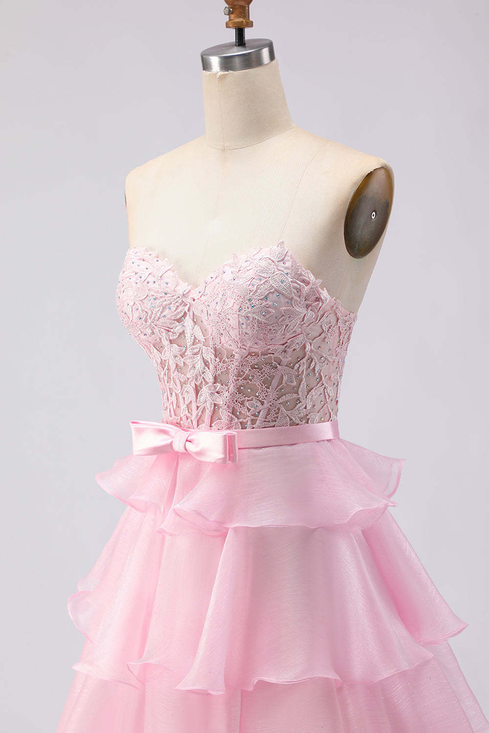 Pink Sweetheart A Line Ruffled Long Corset Tiered Prom Dress with Slit