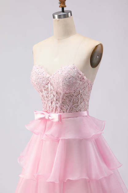 Pink Sweetheart A Line Ruffled Long Corset Tiered Prom Dress with Slit