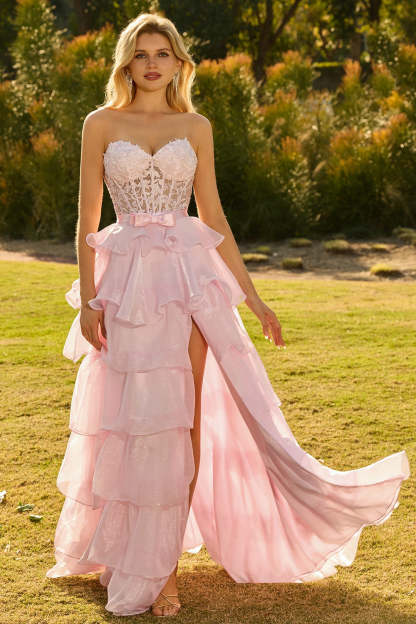 Pink Tiered Sweetheart Princess Ruffled Maxi Corset Prom Dress with Slit