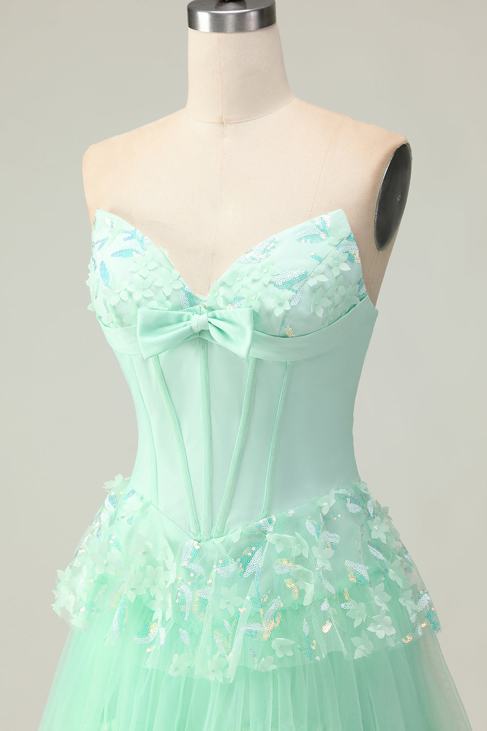 Green Ruffled Strapless Corset Long Prom Dress with Bow
