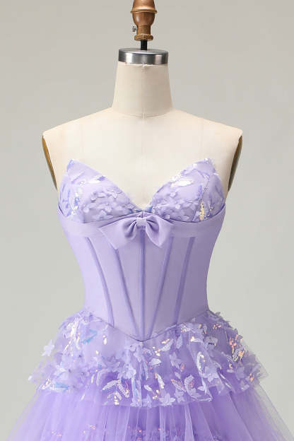 Sparkly Purple A Line Corset Strapless Long Prom Dress with Butterflies
