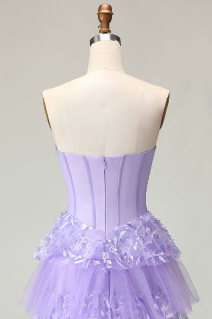 Sparkly Purple A Line Corset Strapless Long Prom Dress with Butterflies