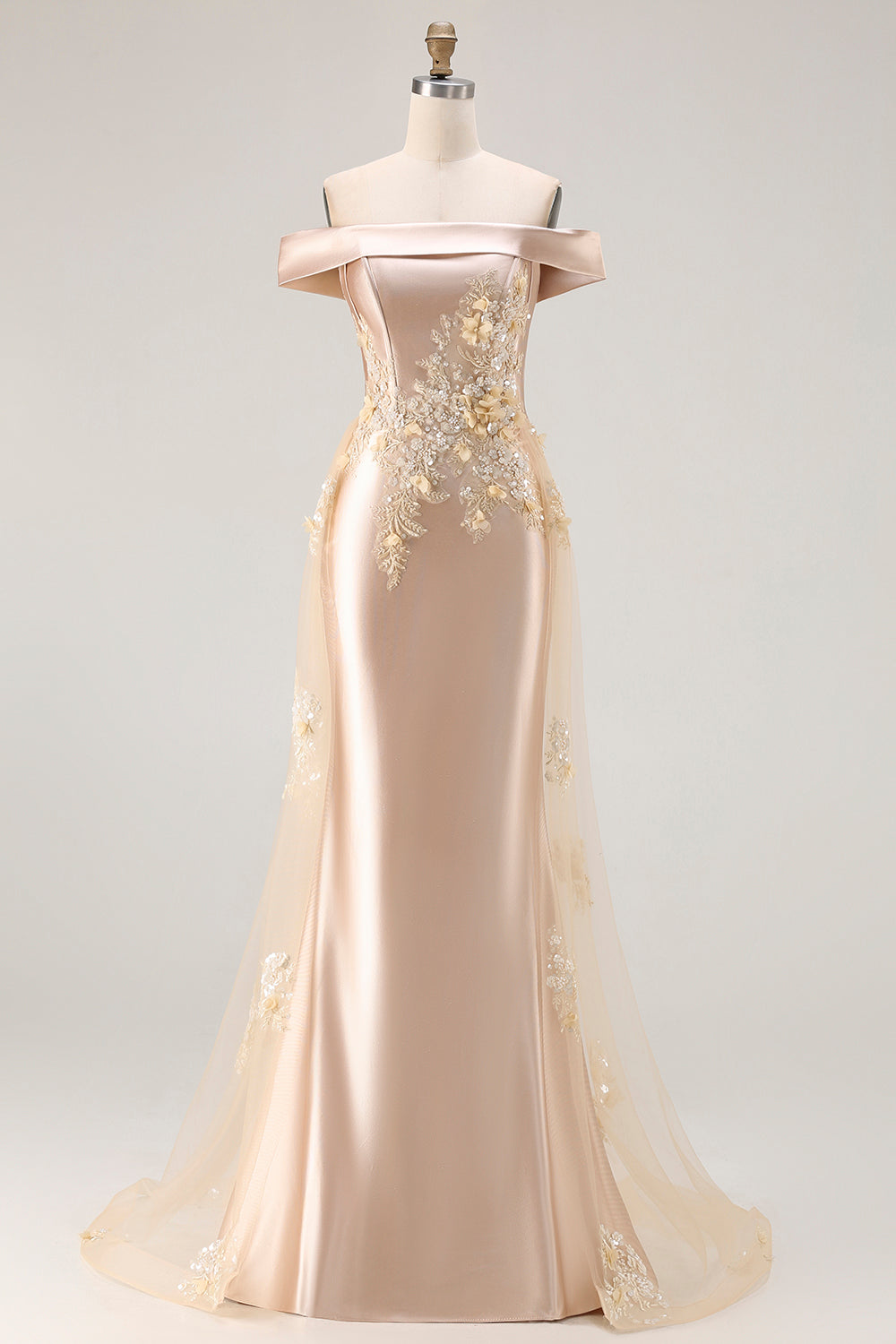 Leely Women Floral Champagne Mermaid Long Prom Dress with Cape Appliqued Off The Shoulder Gala Dress with Sequin