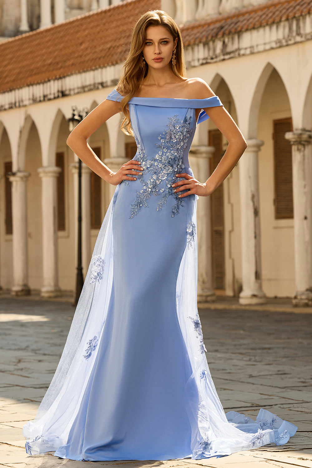 Sparkly Grey Blue Beaded Mermaid Floral Long Prom Dress with Cape