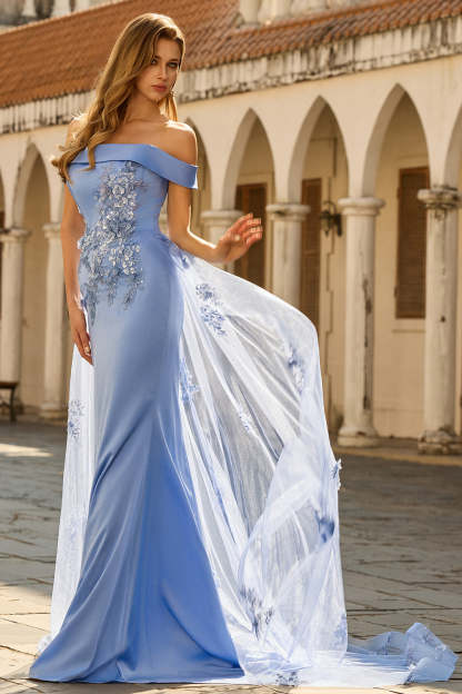 Sparkly Grey Blue Beaded Mermaid Floral Long Prom Dress with Cape