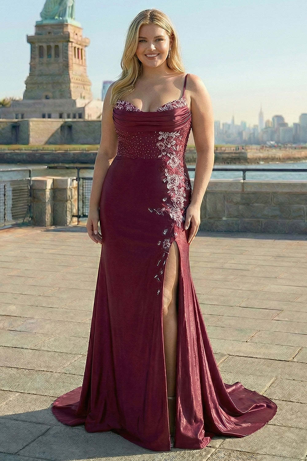 Navy Mermaid Appliqued Satin Long Corset Prom Dress with Slit