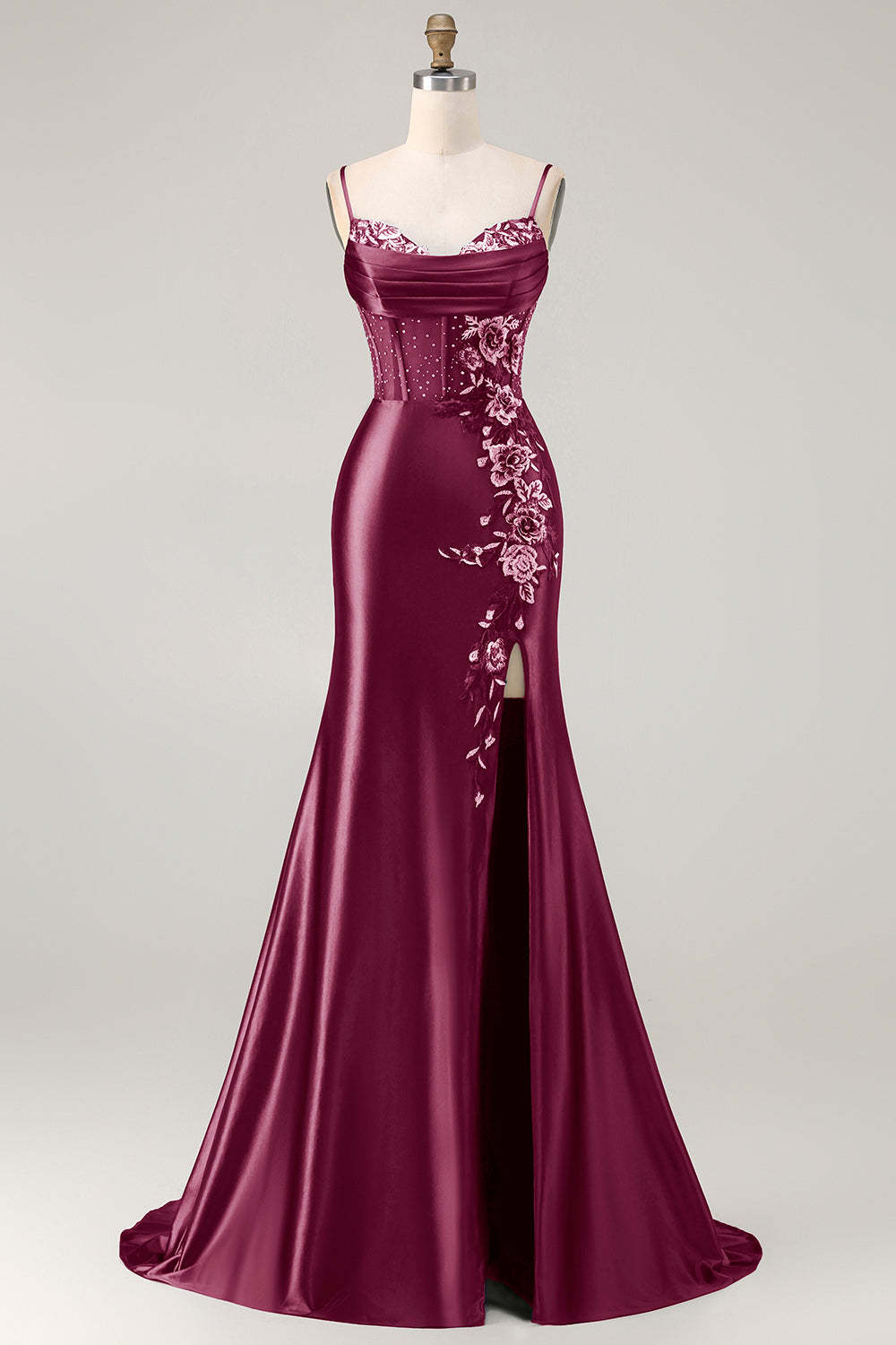 Navy Mermaid Appliqued Satin Long Corset Prom Dress with Slit