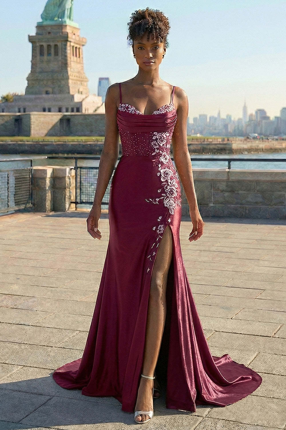 Leely Women Floral Burgundy Maxi Corset Prom Dress with Slit Appliqued Satin Spaghetti Straps Lace Up Back Evening Dress with Beading