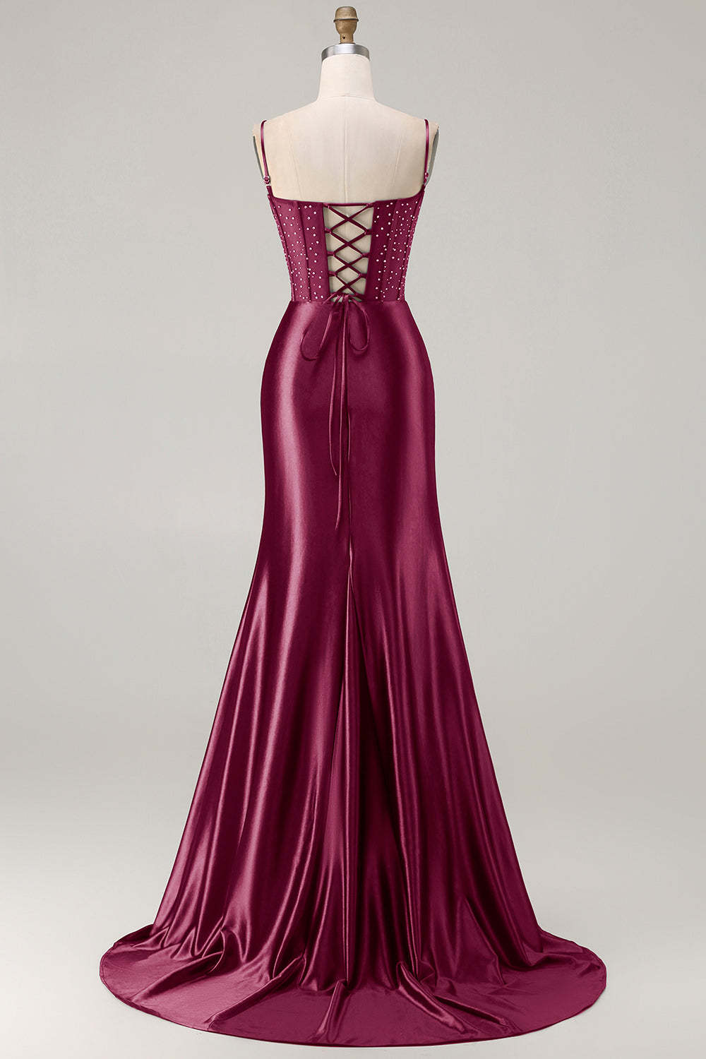 Navy Mermaid Appliqued Satin Long Corset Prom Dress with Slit