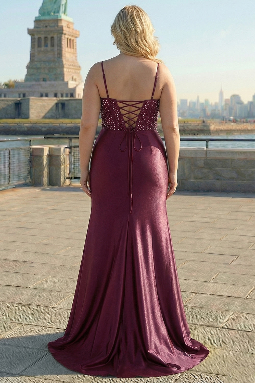 Navy Mermaid Appliqued Satin Long Corset Prom Dress with Slit