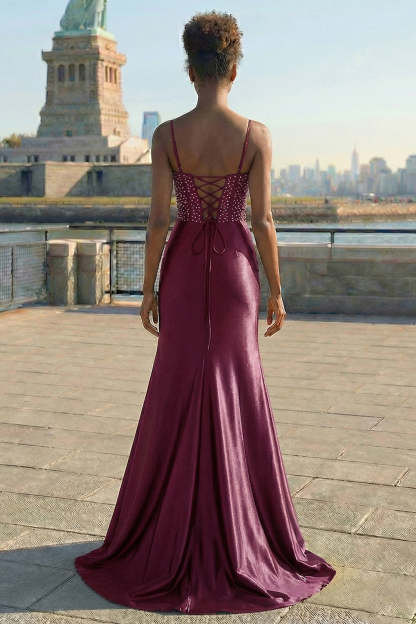 Floral Burgundy Spaghetti Straps Appliqued Satin Maxi Corset Prom Dress with Slit