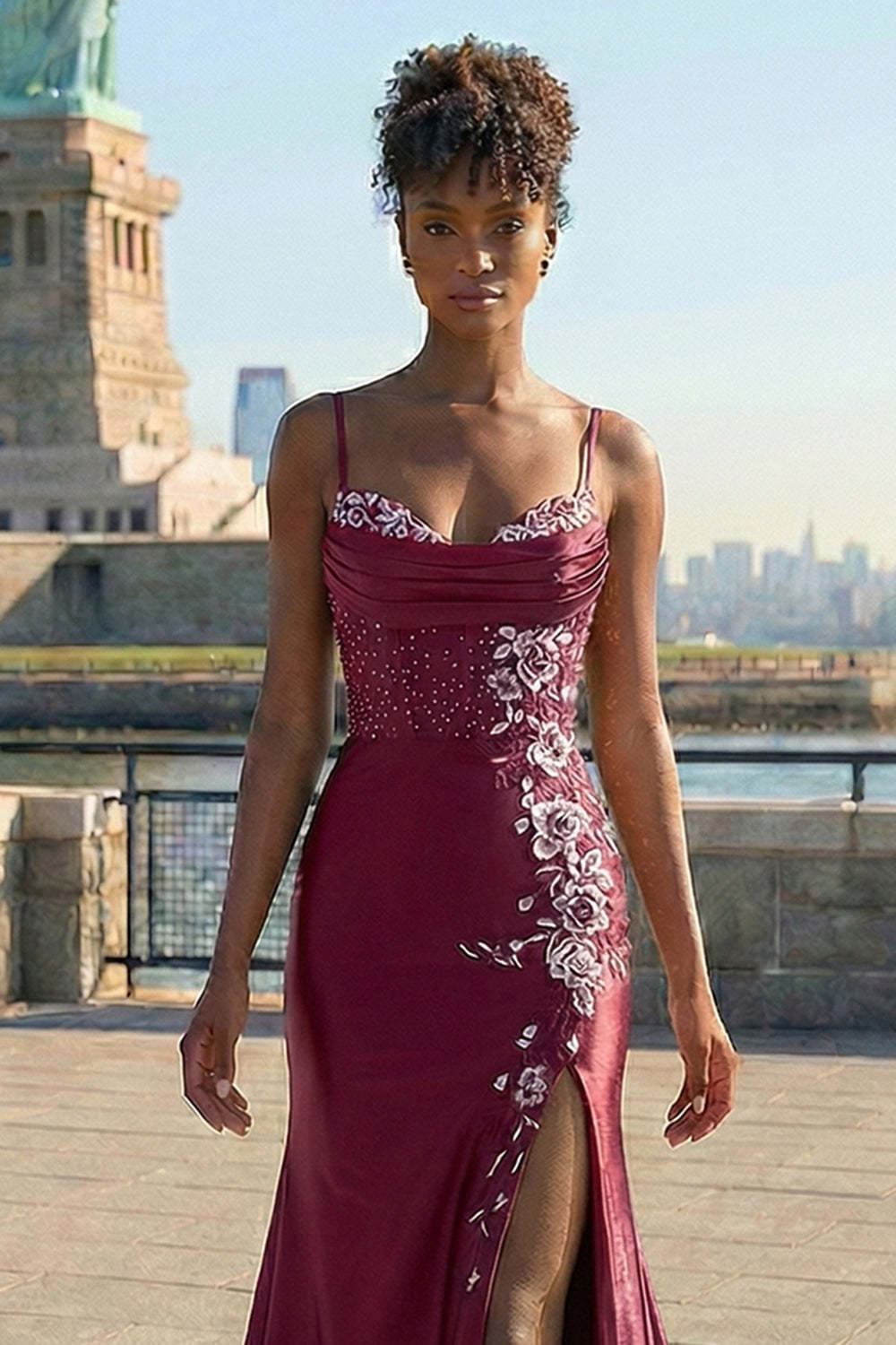 Floral Burgundy Spaghetti Straps Appliqued Satin Maxi Corset Prom Dress with Slit