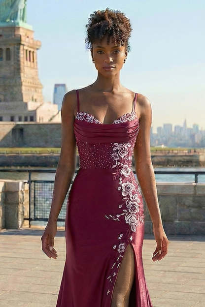 Floral Burgundy Spaghetti Straps Appliqued Satin Maxi Corset Prom Dress with Slit