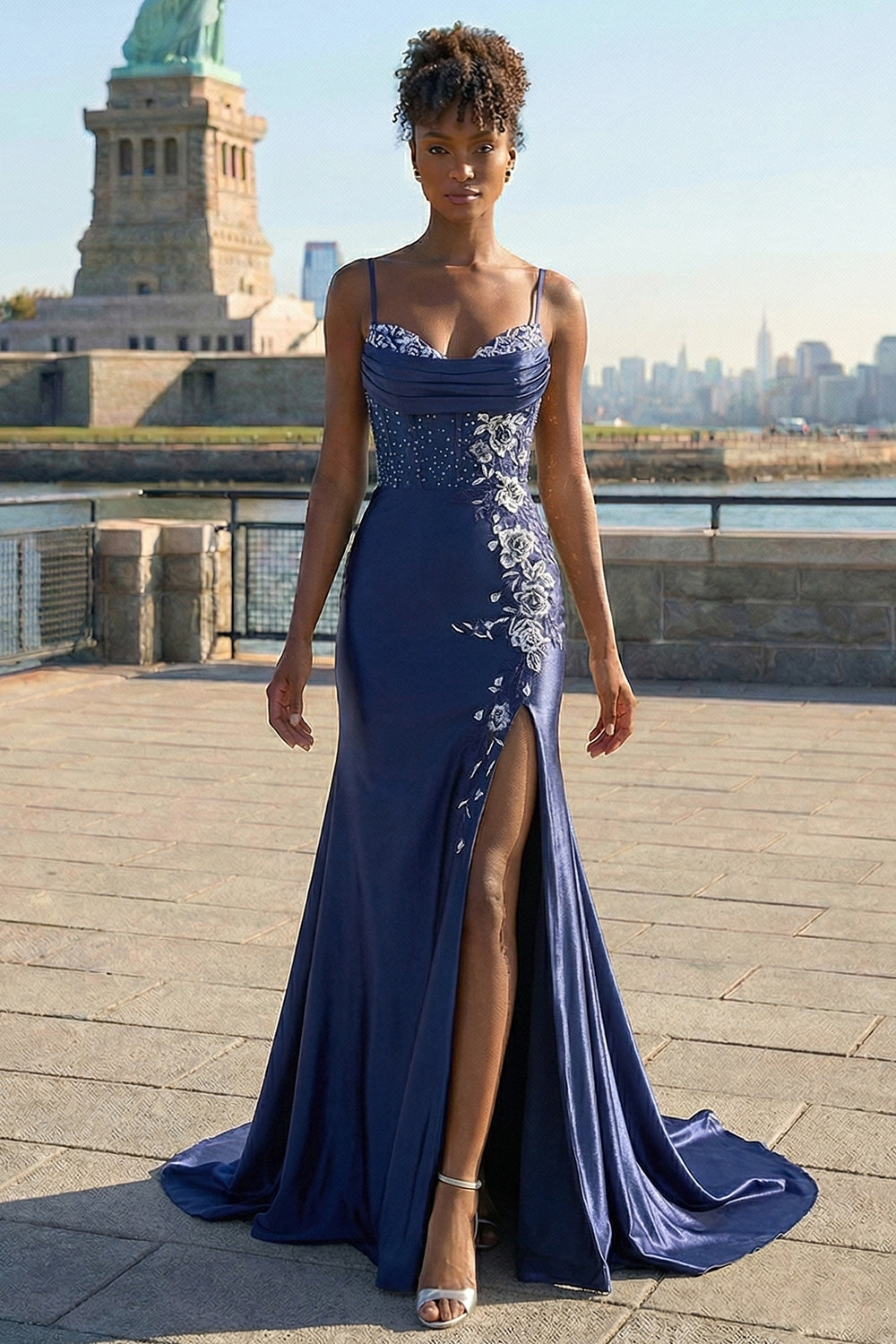 Navy Spaghetti Straps Appliqued Satin Maxi Corset Prom Dress with Slit