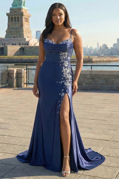 Navy Mermaid Appliqued Satin Long Corset Prom Dress with Slit