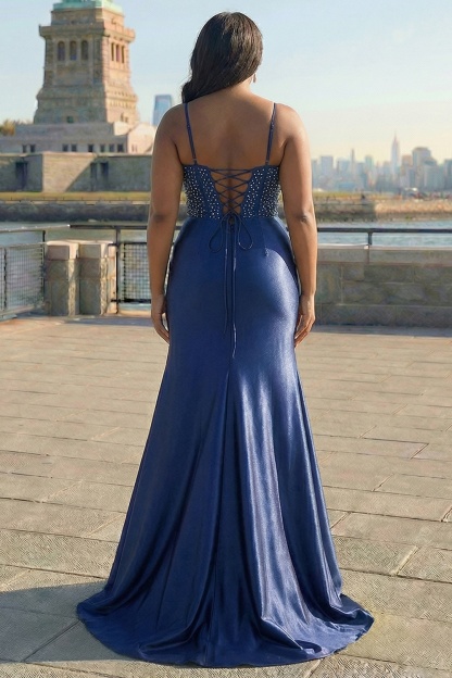 Navy Mermaid Appliqued Satin Long Corset Prom Dress with Slit
