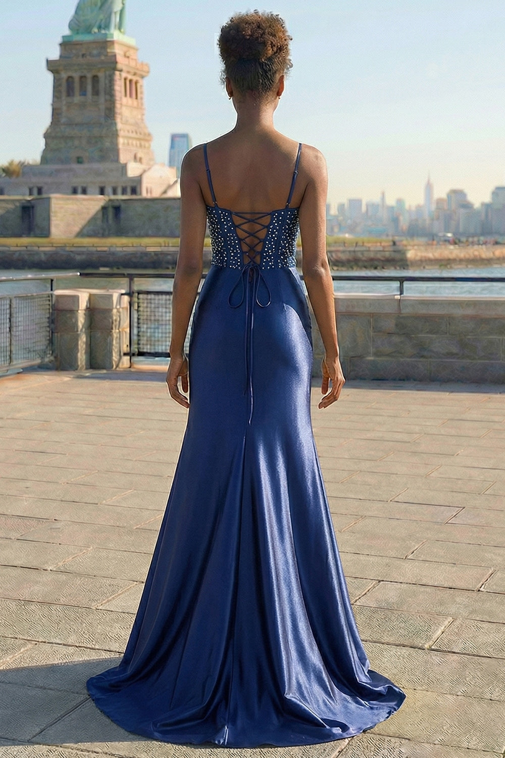 Navy Spaghetti Straps Appliqued Satin Maxi Corset Prom Dress with Slit