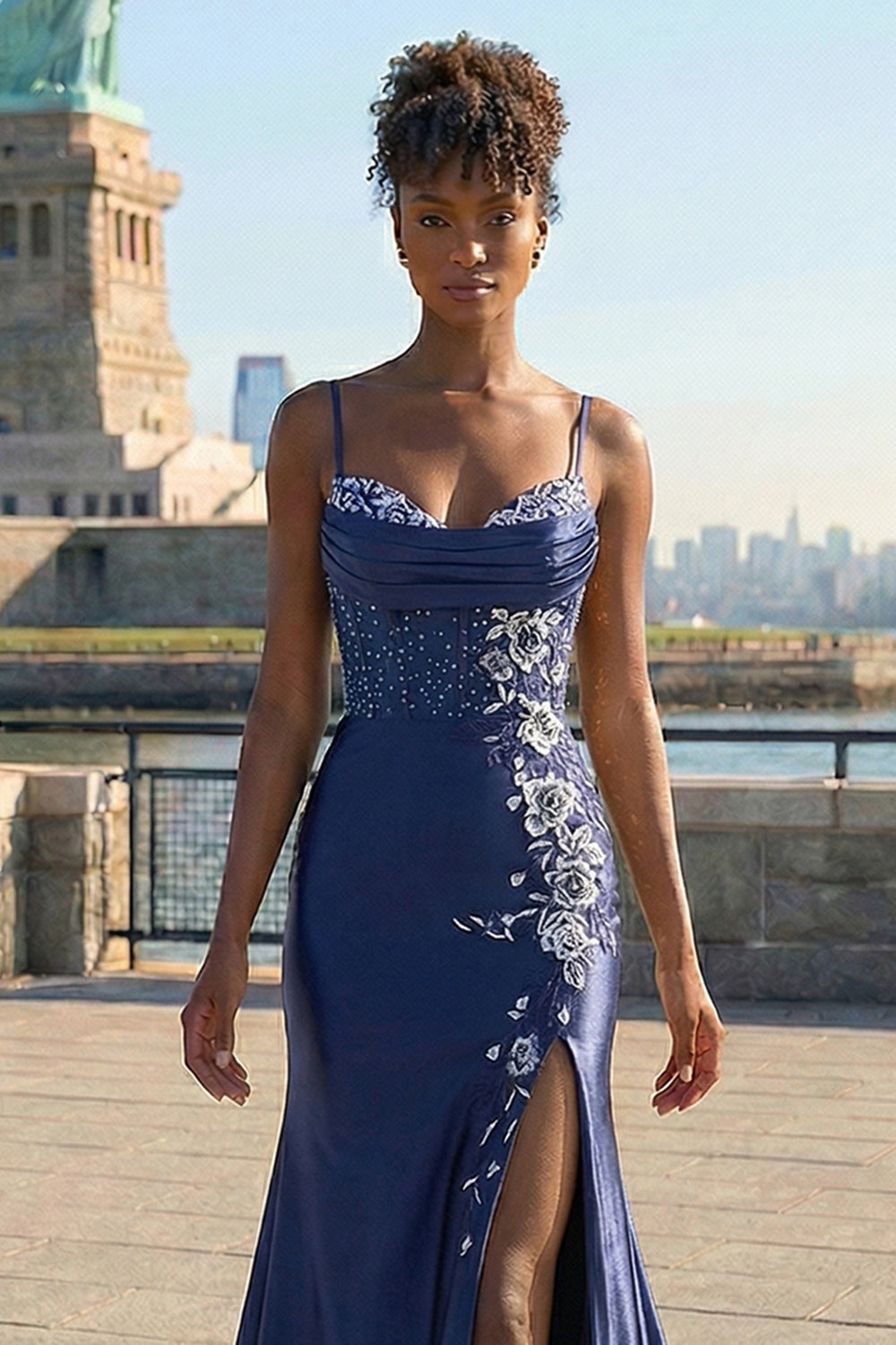 Floral Burgundy Spaghetti Straps Appliqued Satin Maxi Corset Prom Dress with Slit