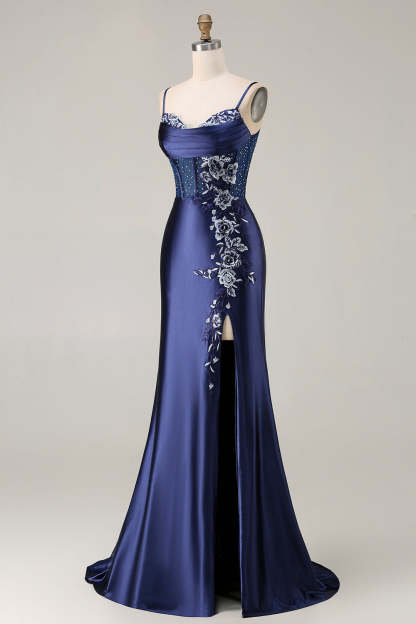 Navy Mermaid Appliqued Satin Long Corset Prom Dress with Slit