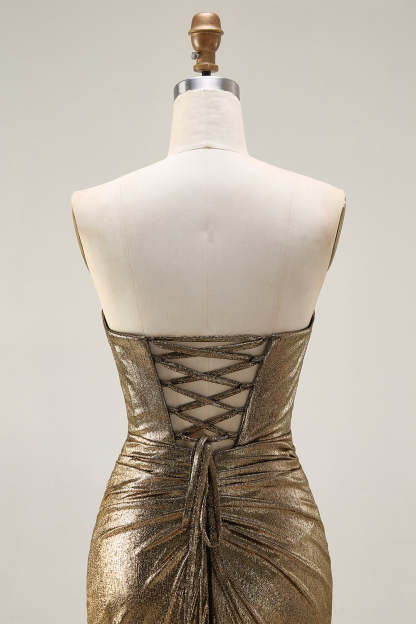 Sparkly Dark Golden Mermaid Strapless Maxi Prom Dress with Keyhole