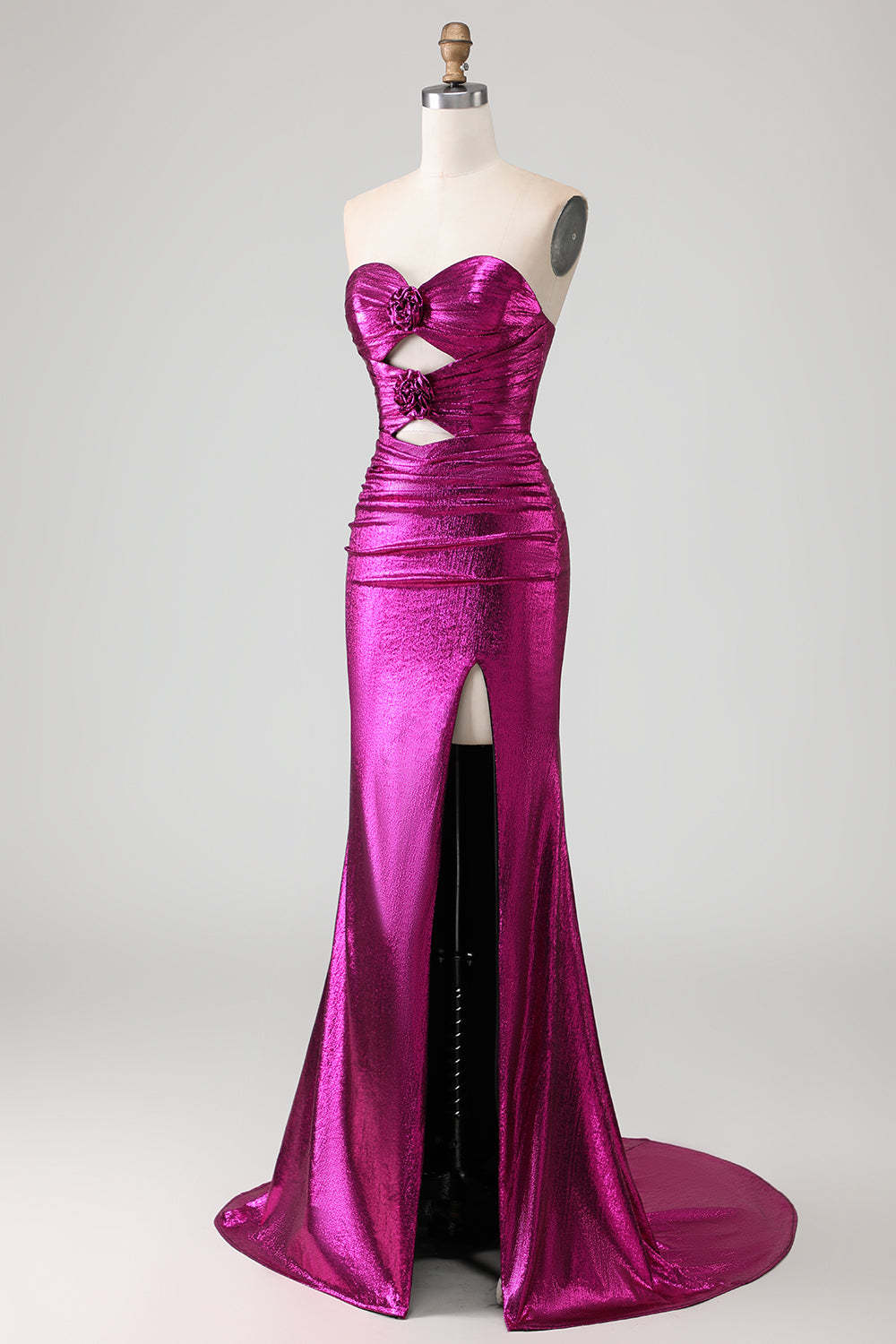 Long Fuchsia Mermaid Metallic Prom Dress with 3D Flowers