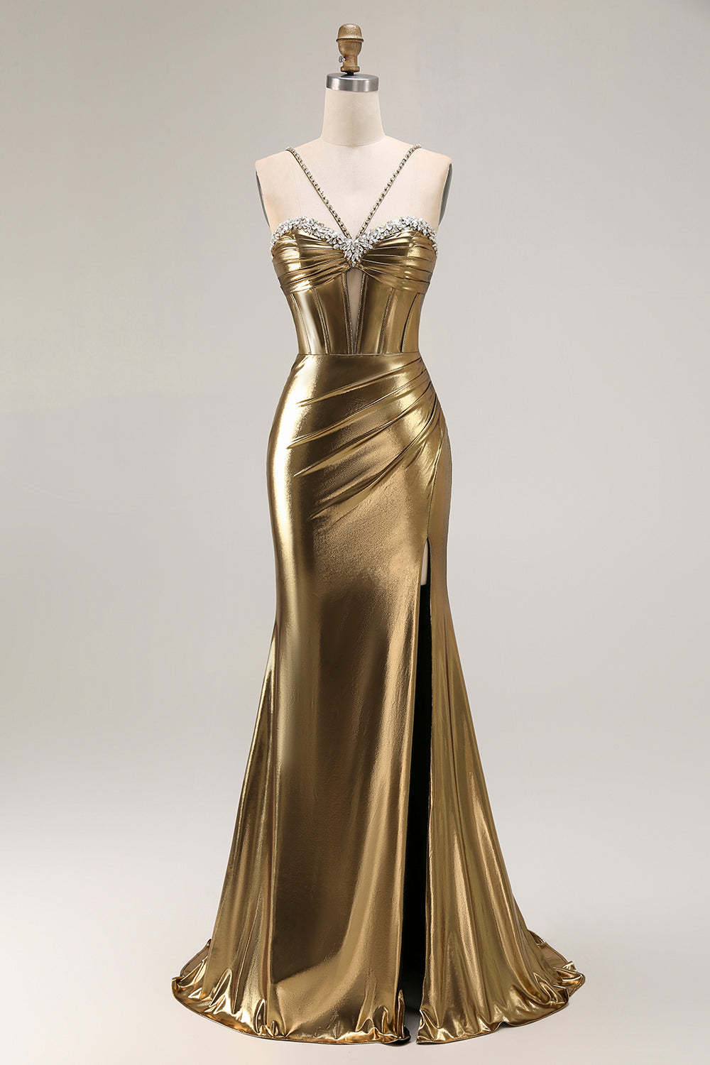 Golden Metallic Corset Mermaid Keyhole Long Prom Dress with Slit