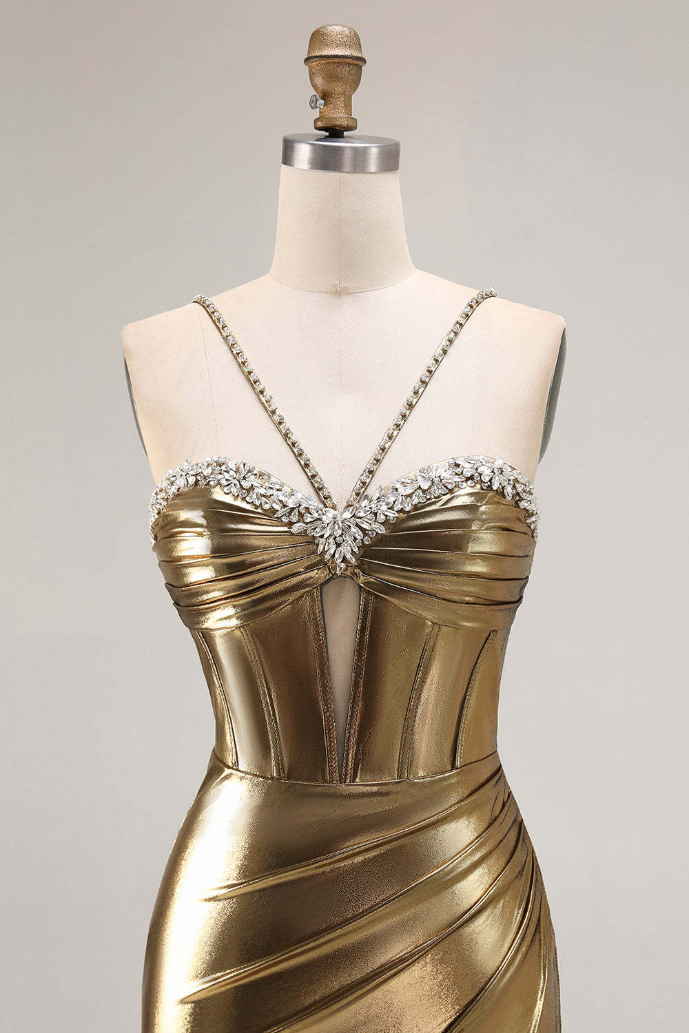 Golden Metallic Corset Mermaid Long Prom Dress with Slit