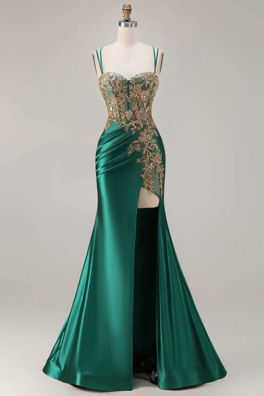 Sparkly Beaded Dark Green Plus Size Appliqued Floral Satin Long Corset Prom Dress with Slit