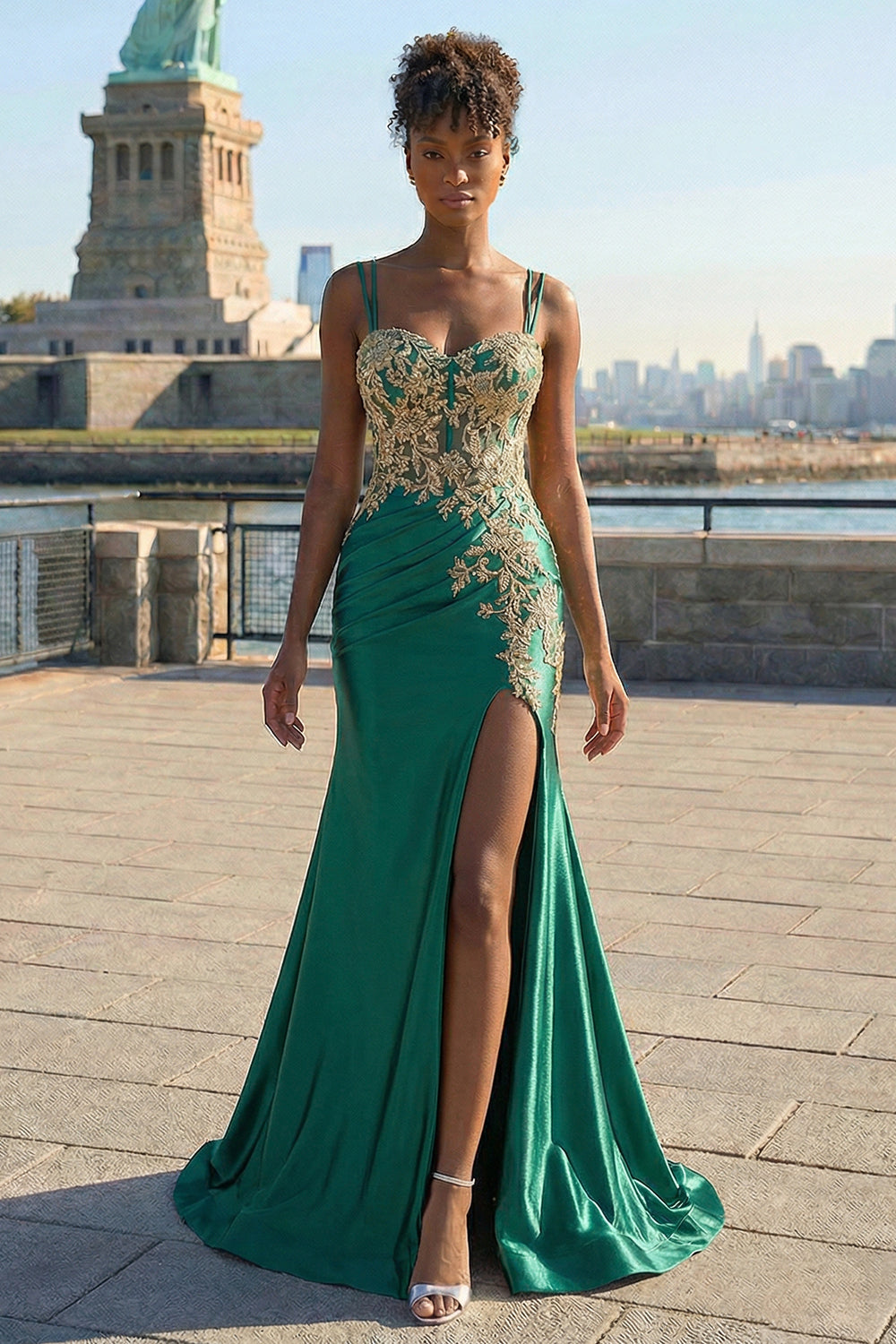 Sparkly Beaded Dark Green Appliqued Floral Satin Long Corset Prom Dress with Slit