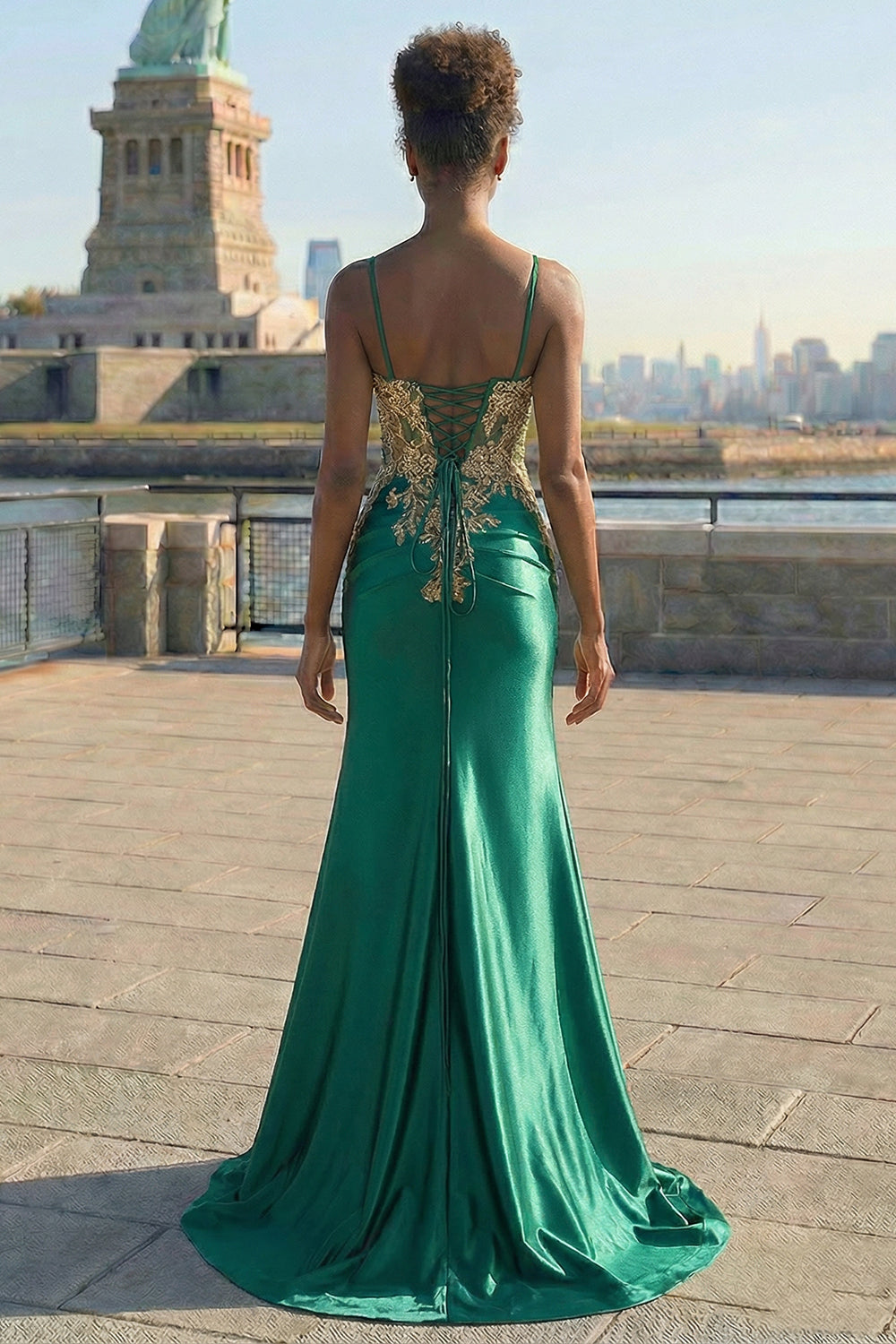 Sparkly Beaded Dark Green Appliqued Floral Satin Long Corset Prom Dress with Slit