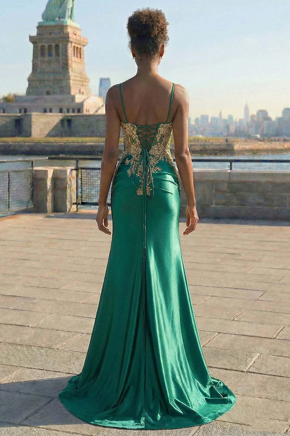 Sparkly Beaded Dark Green Plus Size Appliqued Floral Satin Long Corset Prom Dress with Slit