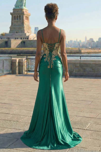 Sparkly Beaded Dark Green Plus Size Appliqued Floral Satin Long Corset Prom Dress with Slit