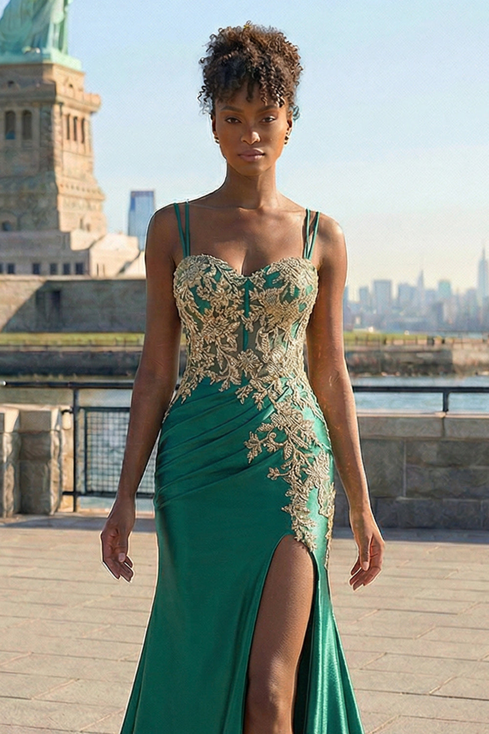 Sparkly Beaded Dark Green Plus Size Appliqued Floral Satin Long Corset Prom Dress with Slit