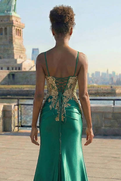 Sparkly Beaded Dark Green Plus Size Appliqued Floral Satin Long Corset Prom Dress with Slit