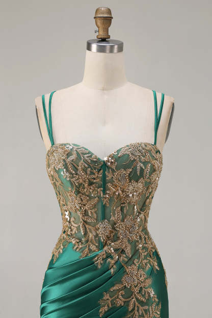 Sparkly Floral Dark Green Mermaid Satin Long Corset Prom Dress with Slit